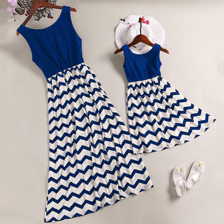 Stylish Mother And Daughter Fashion Casual Boho Stripe Maxi Matching Dress Outfits