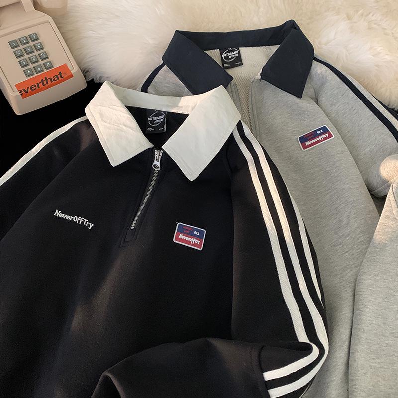 

Мужской японский ретро серый поло-свитшот на молнии до половины - Куртка с длинным рукавом на весну/осень M чёрный