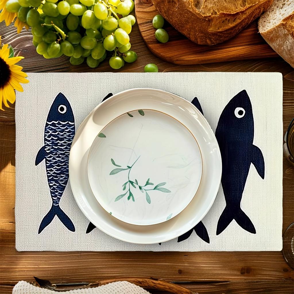 6-Piece Set Nordic Coastal Fish Pattern Placemats Machine Washable Table Mats Party Kitchen Dining Room Decor
