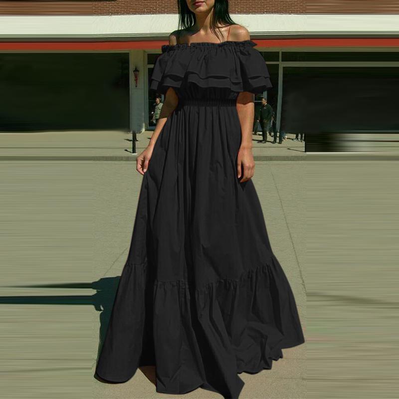 

ZANZEA Женское повседневное свободное длинное платье с открытыми плечами для отдыха на пляже 4XL чёрный