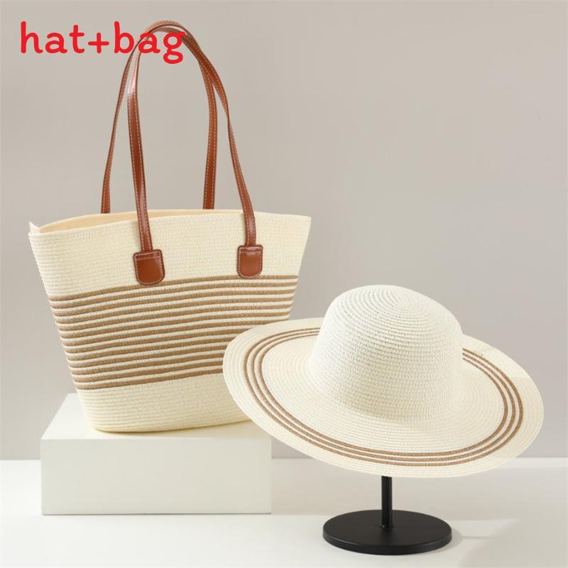 Woven Sun Hat And Large Capacity Straw Tote With Striped Pattern For Travel And Casual Wear