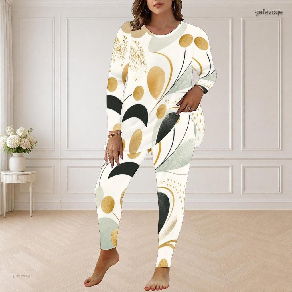 Women Plus Size Black Printed Round Neck Long Sleeve Longline Top Fitted Pants Two Piece Set
