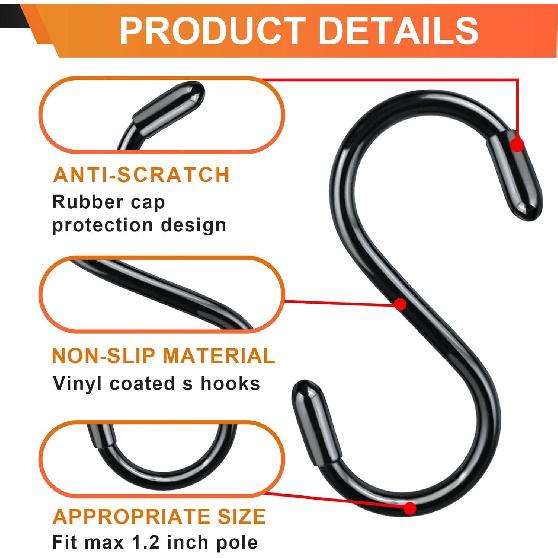 3 Inch Vinyl Coated S Hooks, 12 Pack S Hooks for Hanging Plants Heavy Duty, Small Non Slip Black Rubber Coated Metal Closet Rod Hooks for Hanging