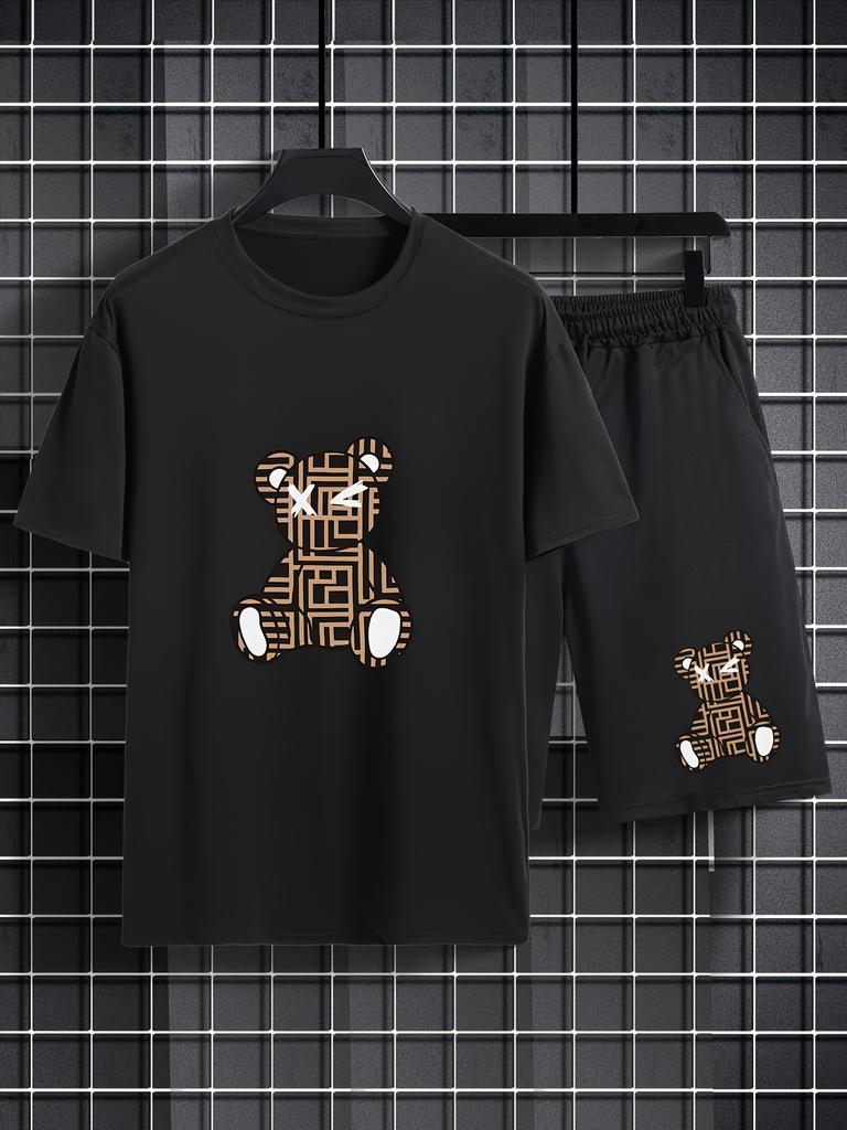 Summer Men's Fashion Casual Sports Set Loose-Fit Trendy Doll Graffiti Print Crew Neck Short Sleeve Two-Piece Set with Shorts