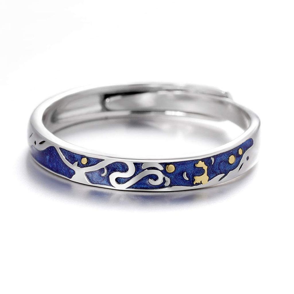 Matching Popular One Size Fits and Matching Set of Hawaiian Wedding Popular Couple Blue Starry Sky Eternal Engagement Silver 925 Ring Finish [Rockyu]