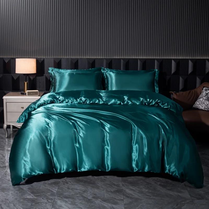 Solid Silk Bedding Set with Duvet Cover Bed Sheet Pillowcases Luxury Satin Single Double Bedsheet King Queen Twin Size
