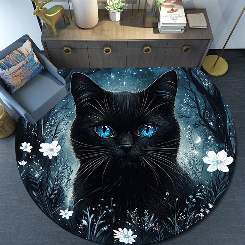 Magical Black Cat Round Area Rug,Carpet Rug for Living Room Bedroom Sofa Playroom Decor,Non-slip Floor Mat