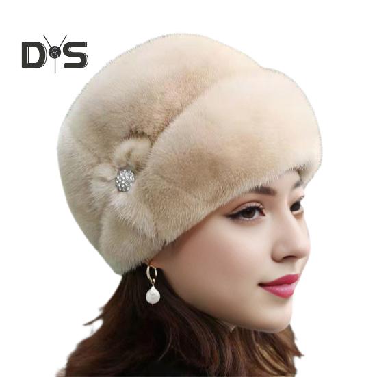 Mid-aged Women Winter Hat Thick Plush Faux Fur Heat Retention Windproof Solid Color Rhinestone Decor Outdoor Cycling Skiing Beanie