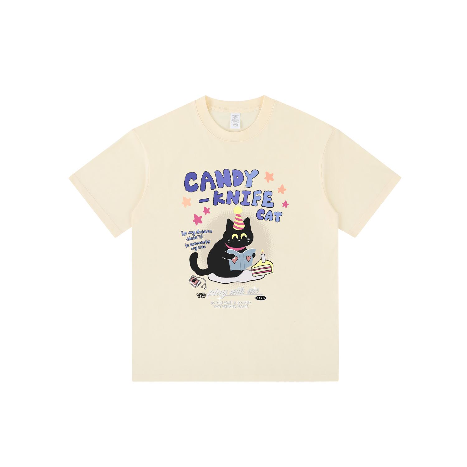 

Дофамин Женская розовая футболка с японским дизайном и мультяшным черным котенком - Чистый хлопок, короткий рукав 2XL бежевый