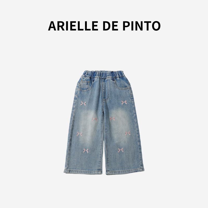 French Arielle De Pinto Girls Pants Spring and Autumn Loose Embroidered Bow Straight-Leg Jeans Blue 140