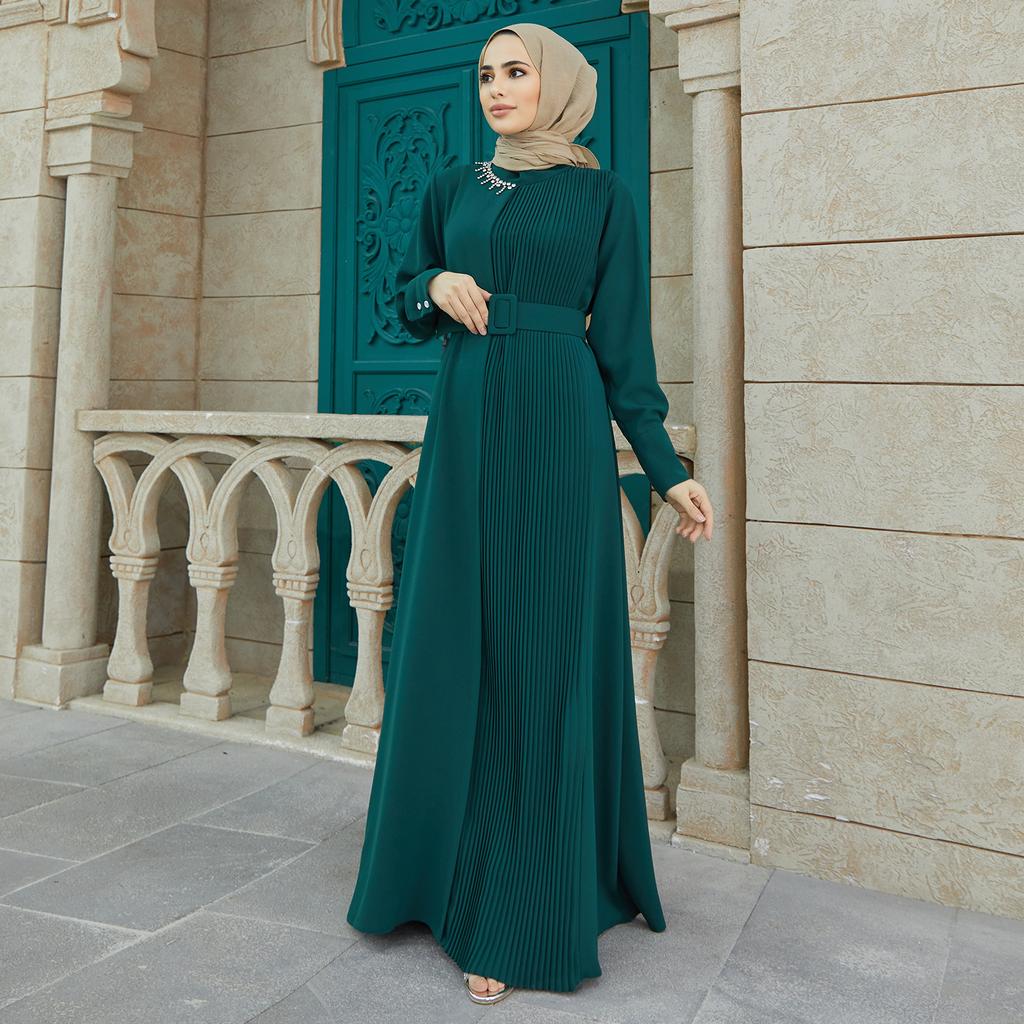 Plisowana sukienka z paskiem damska muzułmańska islamska długa Abaya