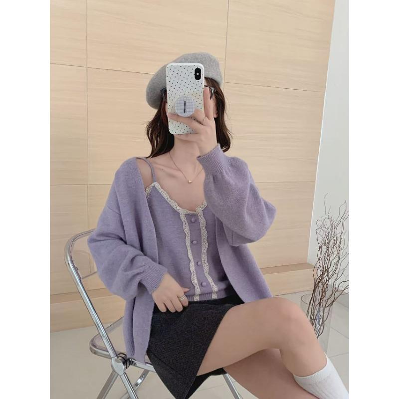 Autumn and Winter New Lace Splicing Vest Suspender Knitted Cardigan Two-piece Set Women's Soft Waxy Sweater Set