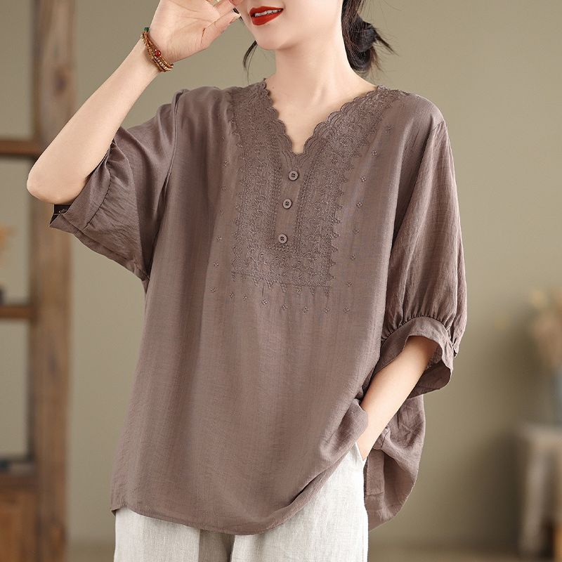 

Women s Cotton Linen T-shirt, Summer High-end Retro Loose Three-quarter Sleeve Top 3XL темно-коричневого кольору