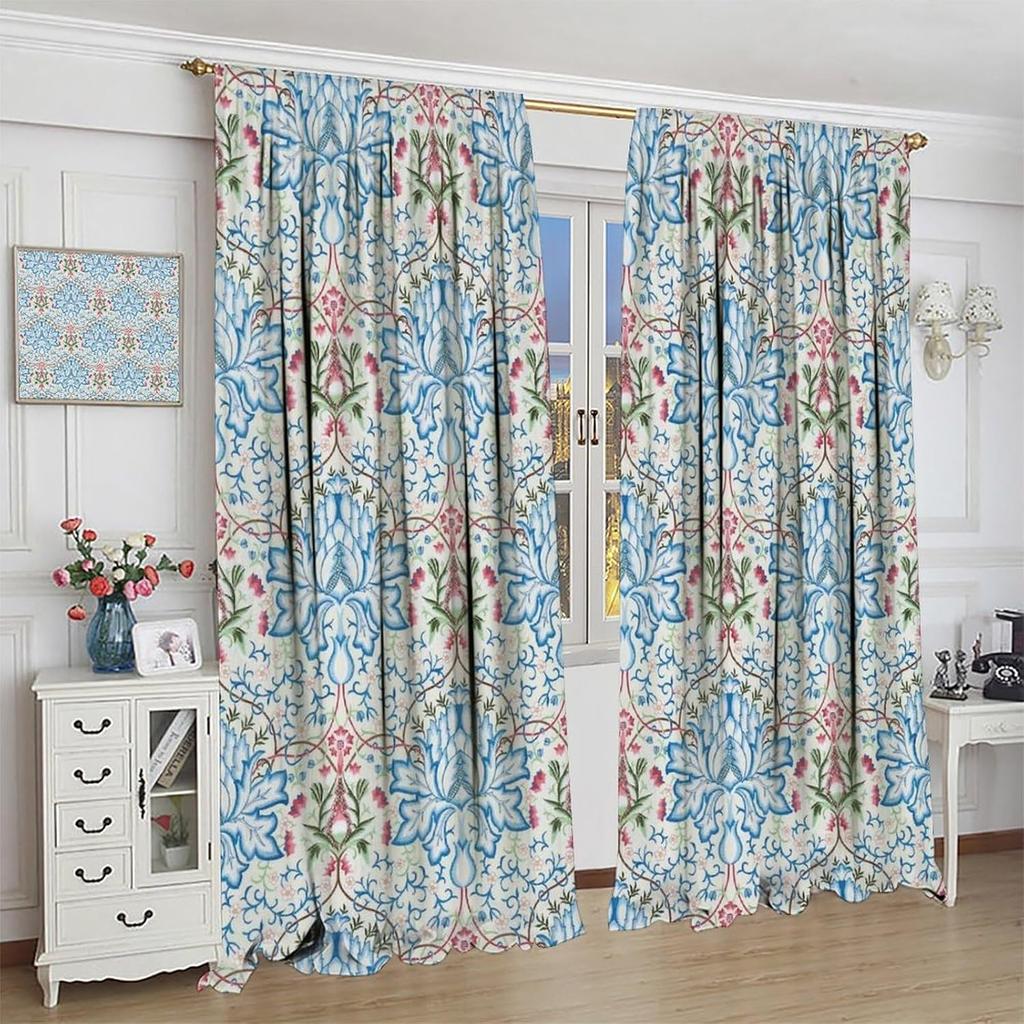 William Morris Floral Blackout Curtain   Mid Century Watercolor Vintage Flower Plant Abstract Art Print Window Drapes   for Living