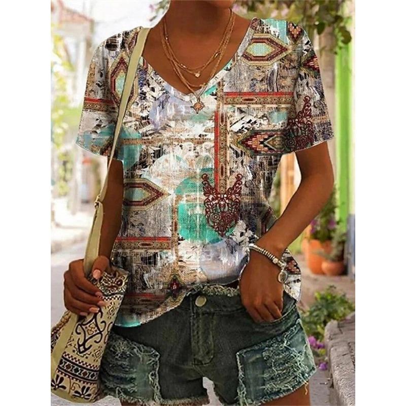 

Women s Tribal Geometric Graphic V Neck T Shirt, Short Sleeve Regular Casual Tops, Daily Brown White Outfit for Spring & Summer S
