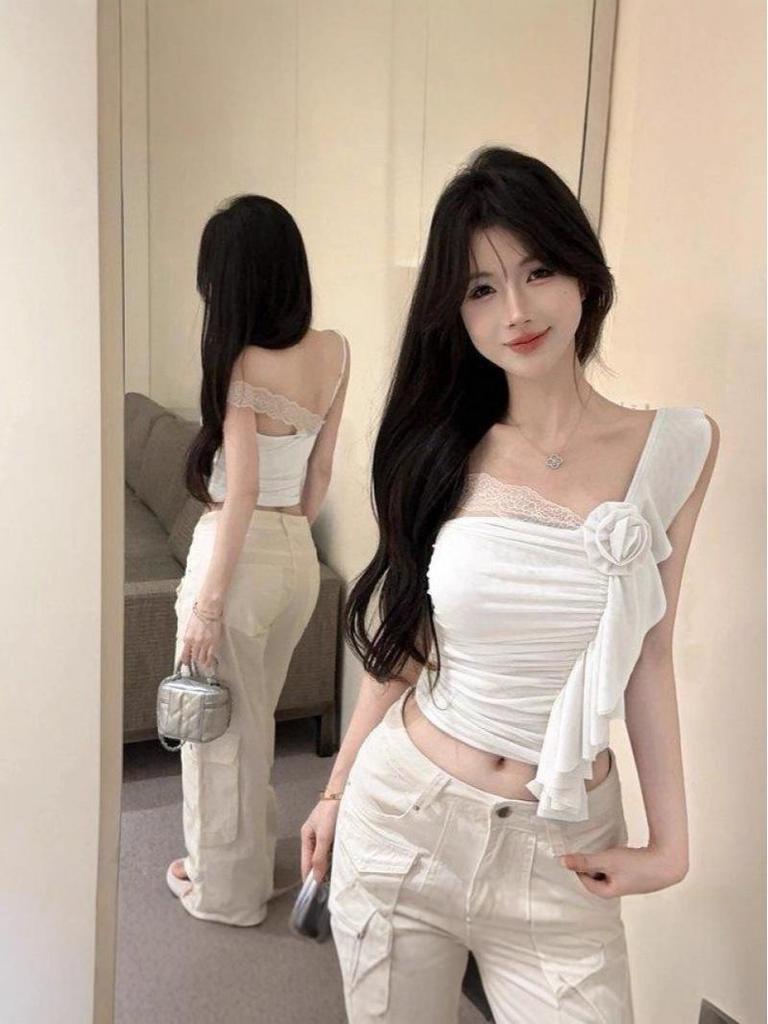 Trendy Lace Patchwork Off-Shoulder Slim-Fit Korean Top