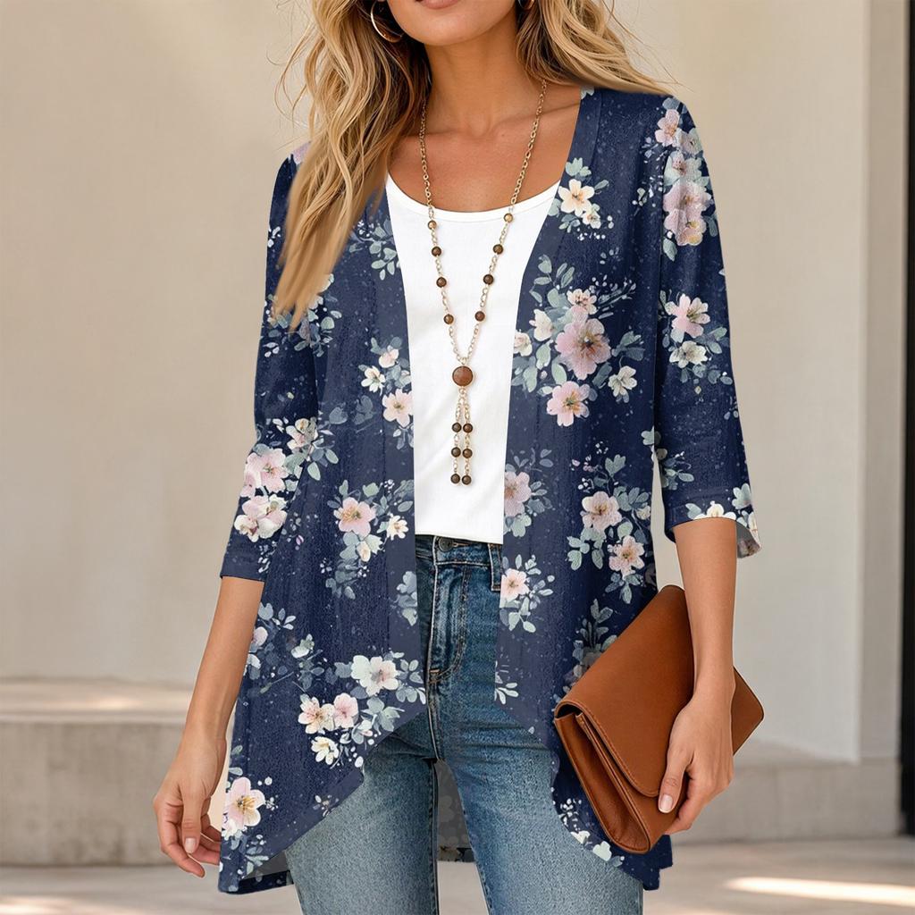 Women's Vintage Floral Print Three-Quarter Sleeve Cardigan Casual Loose Fit Lightweight for Spring Summer