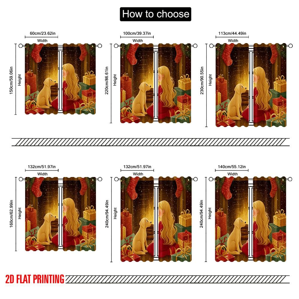2pcs,2D plane printing Creative Curtains Cozy Fireplace Scene with in Red & Dog Polyester Fabric (without rod) Art Deco Festive