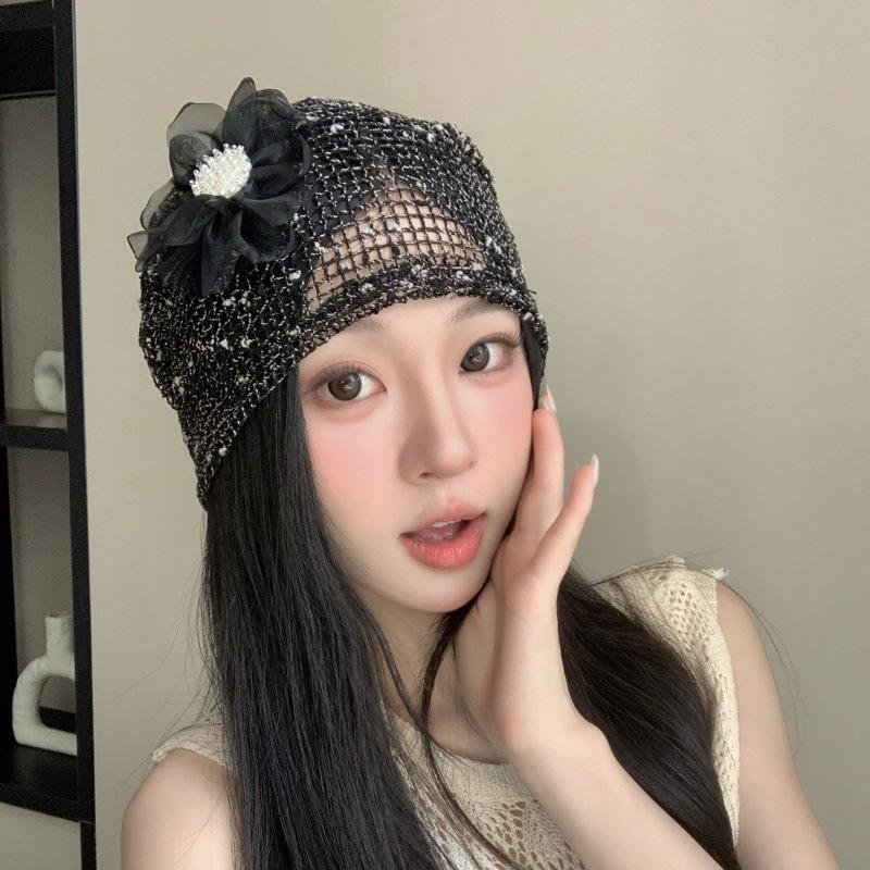 Women's Spring Summer 3D Lace Slouchy Hat Breathable Thin Hollowed-Out Head Covering Hat Street Versatile Niche Pull-On Hat