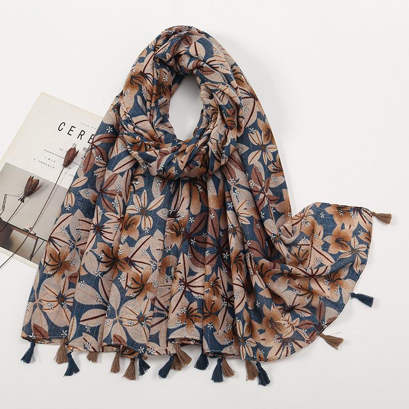 Literarischer kleiner frischer Retro-Fransenschal aus Baumwolle und Leinen, schöner bedruckter Seidenschal für Damen, japanischer Sonnenschutzschal