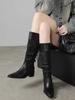 Retro Spliced Long Tube Boots Women'S Chunky Heel High-Cut Boot Cross-Banding Faionable Casual Round Toe Boot