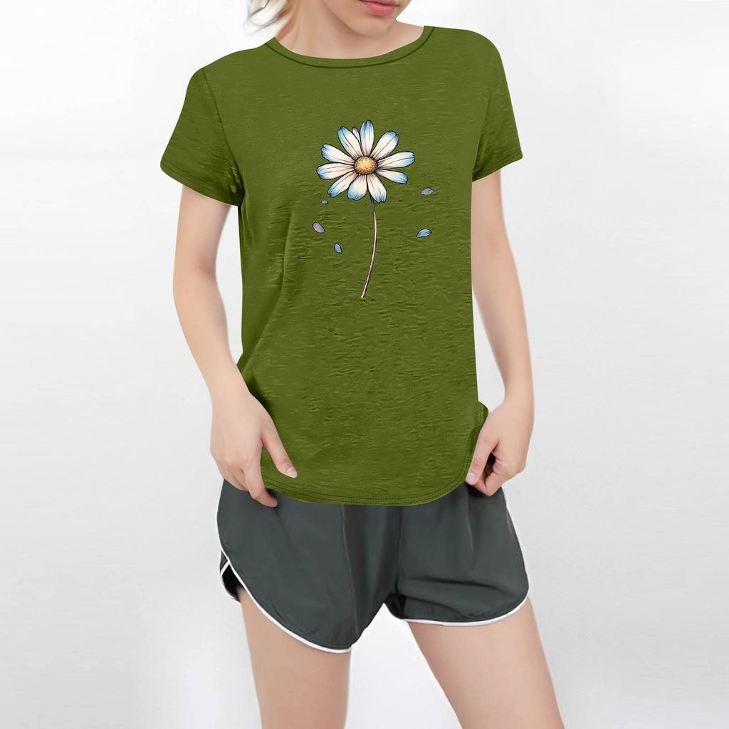 Camiseta feminina casual estampada de manga curta com decote redondo