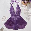 New Sexy Crotchless Pink Lingerie Women Set Lace Patchwork Hollow Bodysuit Erotic Pajamas Teddy Babydoll Dress Deep V Open Bra