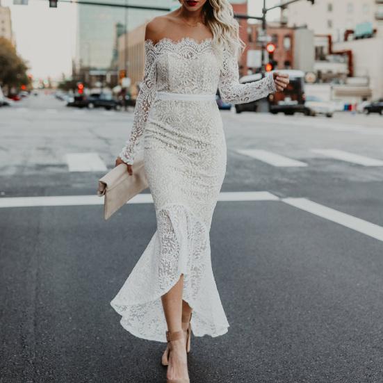 Sexy Frauen Langarm Off Schulter Spitze Meerjungfrau Cocktail Hochzeit Bodycon Kleid