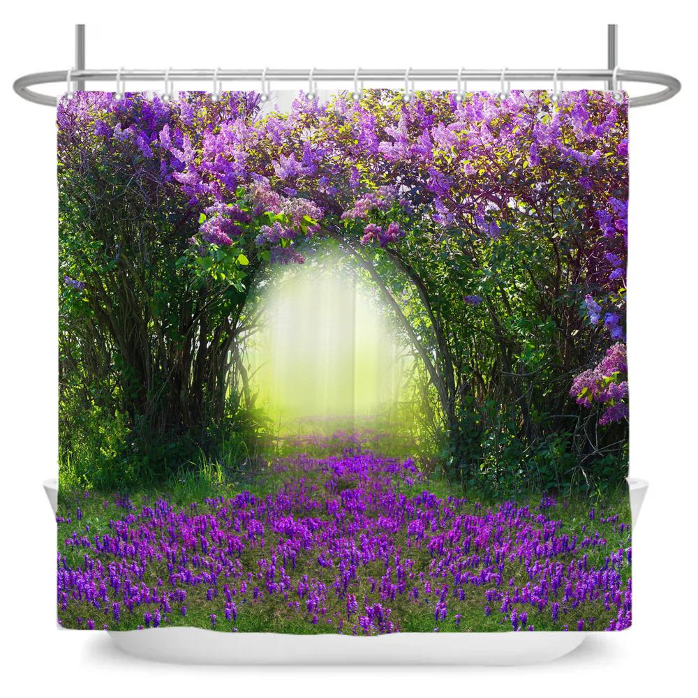 Rural Flowers Scenery Shower Curtain Dreamlike Blooming Flowers Tree Home Bathtub Decor Waterproof Polyester Bathroom Curtains