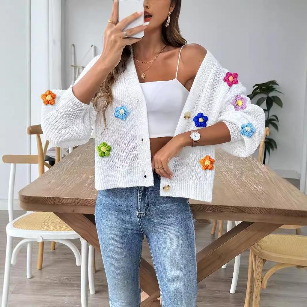 Gilet pull pour femme grande taille automne et hiver fait main au crochet fleurs patchwork court à boutons