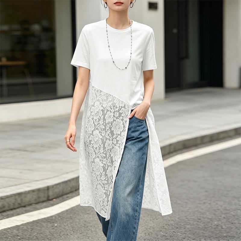 ZANZEA T-shirt Lunghe Casual da Donna Estive con Maniche Corte e Girocollo, Cuciture in Pizzo Irregolare
