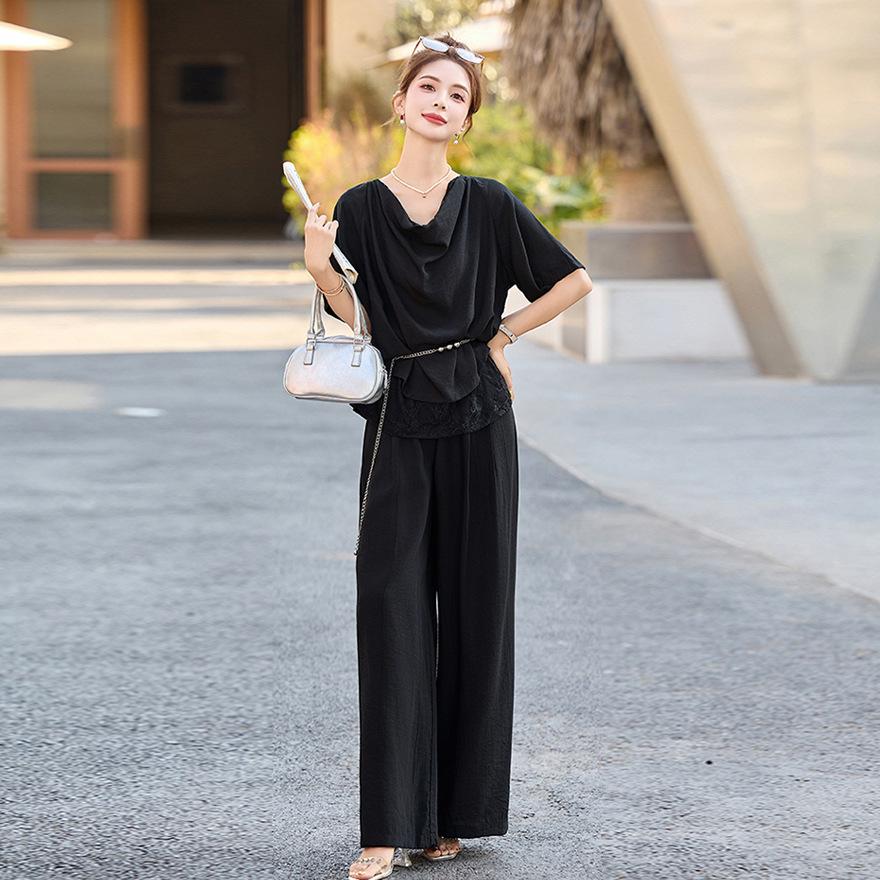 Summer new design sense fashionable lace splicing pile collar top wide leg pants suit women