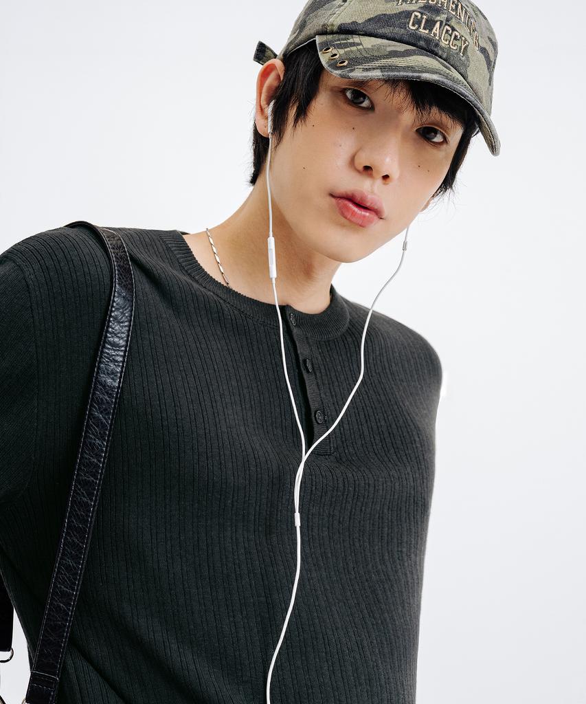 LEMAIN SECOND Classic Henley Neck Washable Short Sleeve Knit [Charcoal]