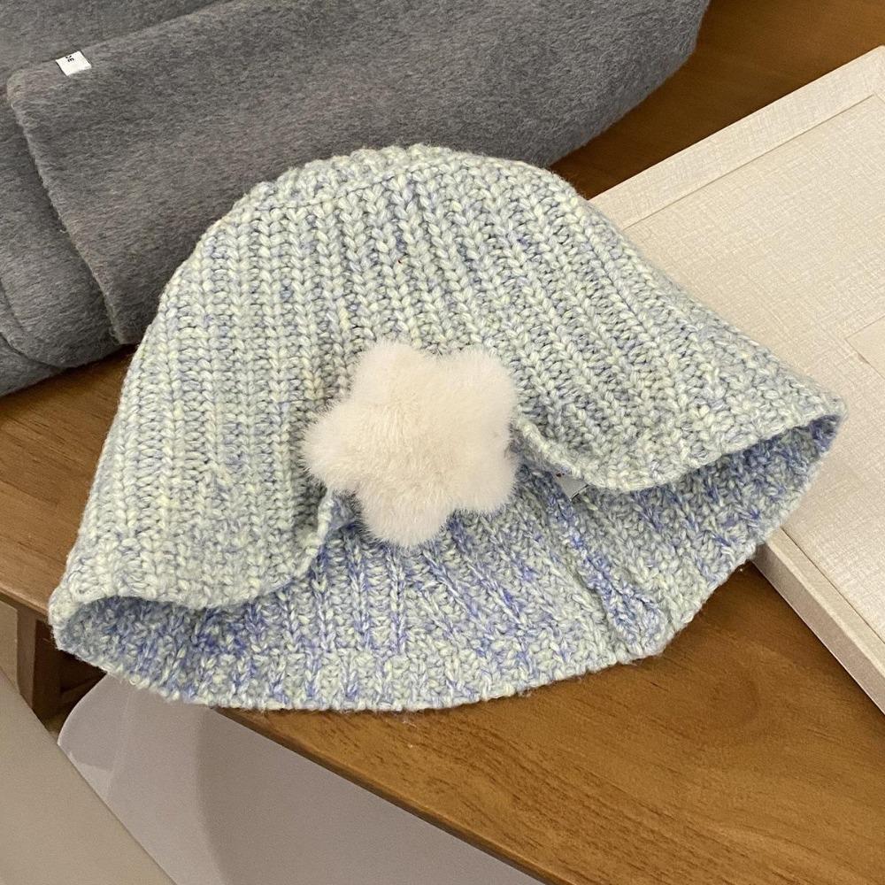 Korean Cute Plush Star Knitted Bucket Hat Female Autumn And Winter Big Head Circumference Shows Small Face Sweet Versatile Basin Hat Tide