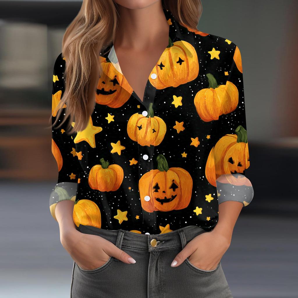 Women's Halloween Printed Casual Half-Open Collar Long Sleeve Shirt