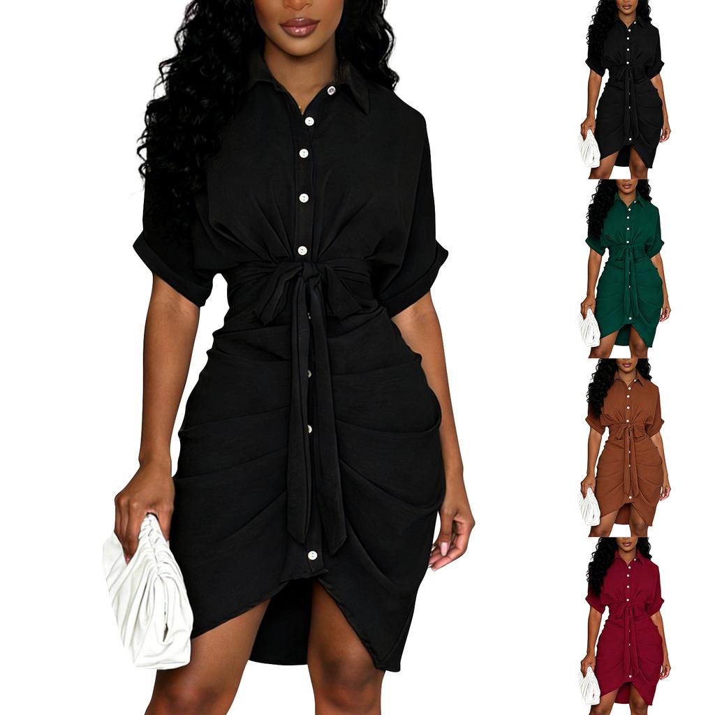 Damen Kurzarm Hemdblusenkleid Taillenbinde Raffung Asymmetrischer Saum Knopfleiste Vorne Freizeitkleid