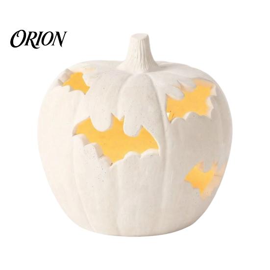 Autumn Festival Decor Halloween Pumpkin Resin Figurine, Bat Hollow Out Lantern with Indoor Outdoor Holiday Props Warm Light, Spooky Home Table