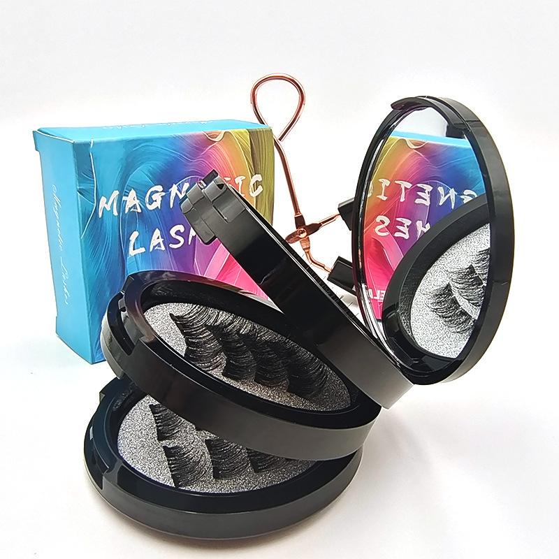Magnetic False Eyelashes Three-Layer Black Round Box with Tool Set