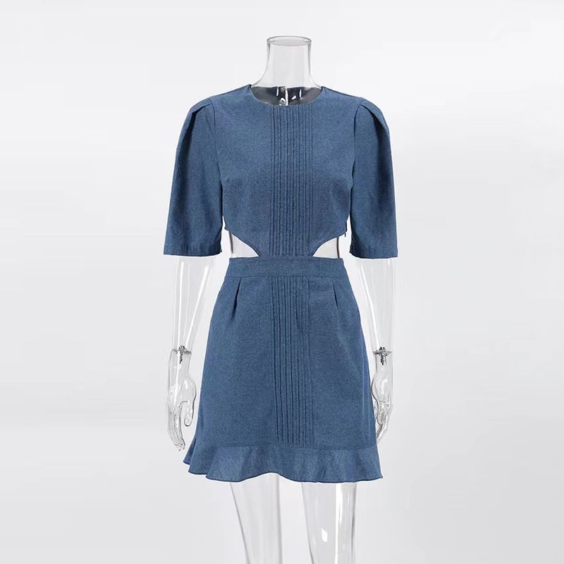 

Fashion Retro Denim Short Sleeve Dress Hollow-out Cinched round Neck A- line Skirt off Waist Denim Dress Blue L