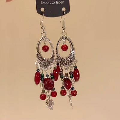 1 Pair of Red Bead Leaf Pendant Long Earrings Bohemian Ethnic Style Fake Travel Photography Earrings