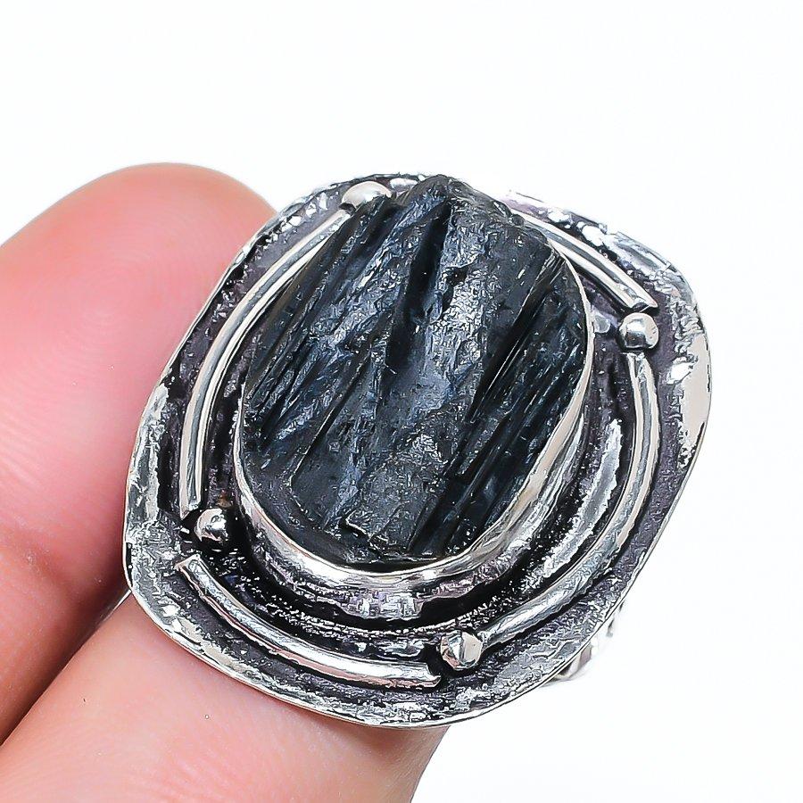 Natural Black Tourmaline Gemstone 925 Sterling Silver Jewelry Ring Size 7.5 AR-17203