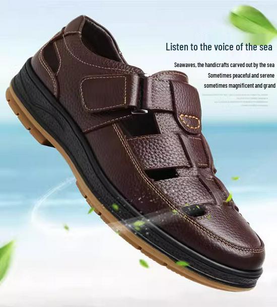 Men's Genuine Leather Breathable Summer Sandals - Large Size, Closed Toe, Perforated Cowhide Beach Shoes