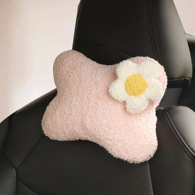 Cute Flower Car Headrest Pillow Neck And Waist Support Lumbar Support Auto Decoration Cushion Kawaii Car Accessories
