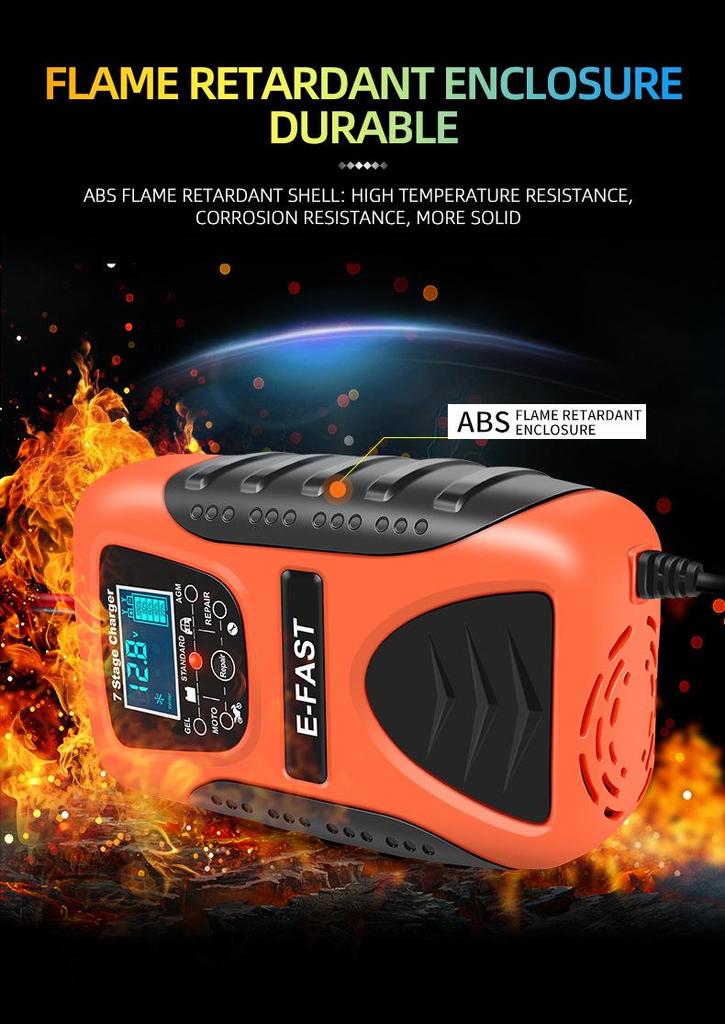 E-FAST 12V 7-Stage Charger for Car and Motorcycle Batteries with Current, Voltage, and Battery Level Display.