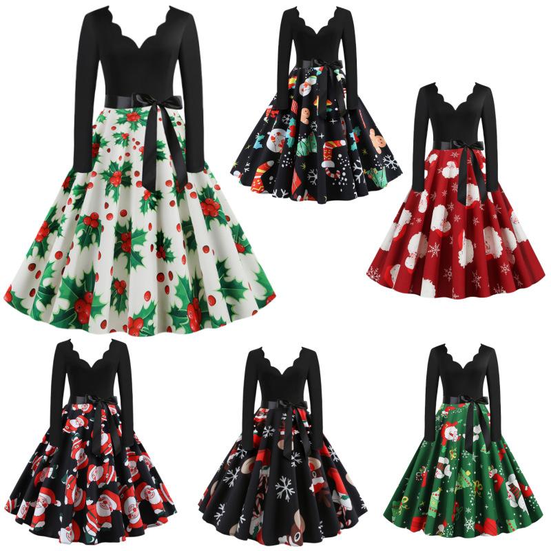 E-Commerce Hepburn Retro Christmas Print V-Neck Splicing Long-Sleeved Pendulum Dress