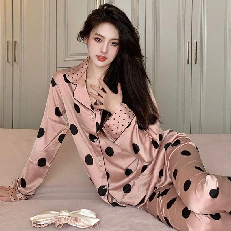 Ice Silk Long-Sleeved Pajamas For Women'S Autumn Girlfriends, Polka Dot Sweet, Can Be Worn Outside, Loungewear Two-Piece Set