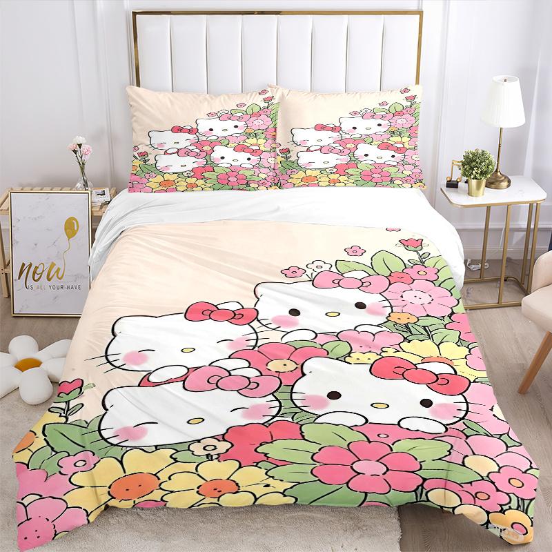 3pcs Hello Kitty In a Field of Flowers Pattern Bedding Three-Piece Set (1 Cover + 2 Pillowcases, No Fillings), This Printed Bedding Set Is S