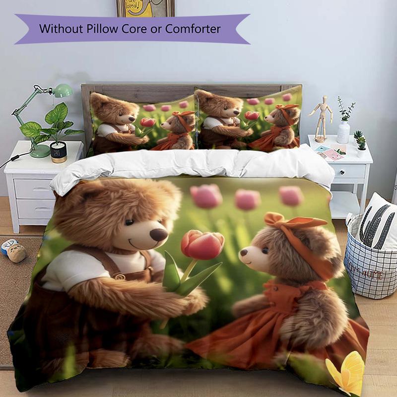 3pcs Teddy Bear Bedding Set - Includes One Quilt Cover and Two Pillowcases (No Core) - Anime Cartoon Design, Perfect for Bedroom and Guest R
