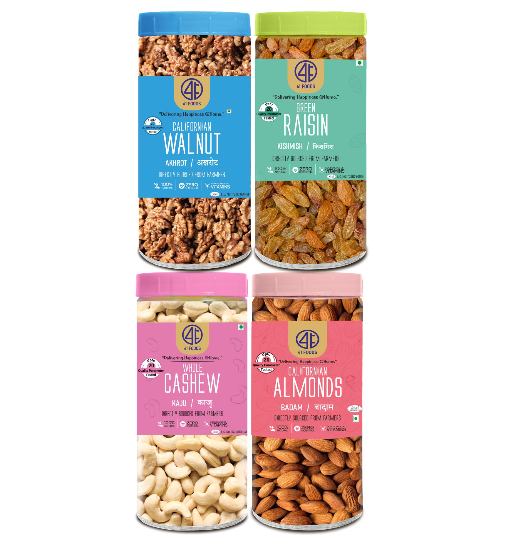 

41 Foods Premium Dry Fruits Combo of Almonds Cashews Raisins and Walnuts | 1 KG (250g x 4)