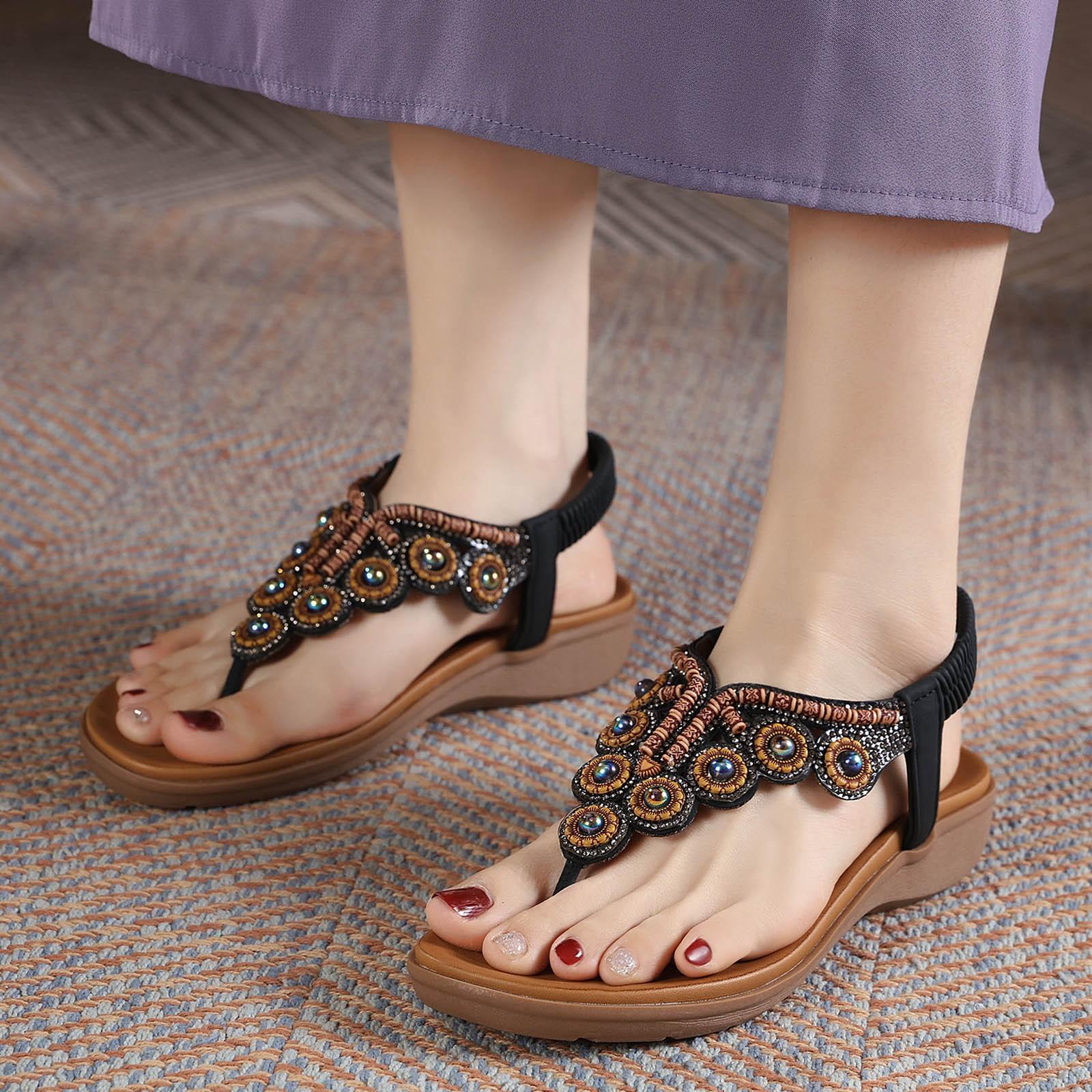 Летние Сандалии Женские Бохо Стиль Застежка На Бусине Сандалии Со Стразами Пряжка И Эластичные Пляжные Туфли Для Женщин Горячие 37 чёрный